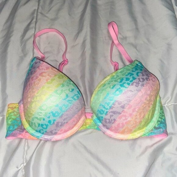 VS PINK Wear Everywhere Super Push-Up Bra 32B Lace Leopard Pastel Rainbow - Picture 1 of 3
